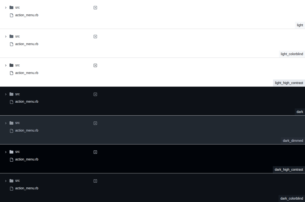 GitHub Primer — GitHub Primer ViewComponents — official file-tree snapshots across appearance modes — Copyright (c) 2020 GitHub / MIT